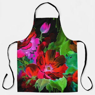 Waterverfschilderij van rode bloemen op zwart schort