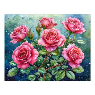 Waterverfschilderij van roze rozen met dauwdruppel foto afdruk