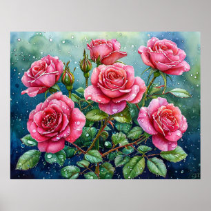 Waterverfschilderij van roze rozen met dauwdruppel poster