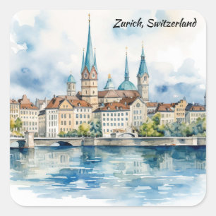 Waterverfschilderij van Zürich Zwitserland Vierkante Sticker