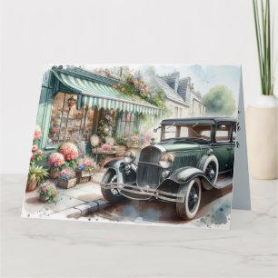 Waterverfschildering van een vintage auto en een c kaart