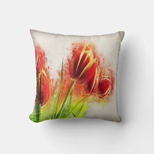 Waterverfspatten rode gele tulpen bloemmotief kussen