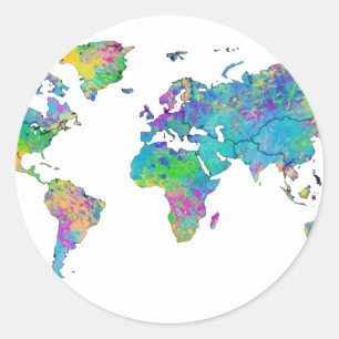 Waterverfspatten Wereldkaart Ronde Sticker