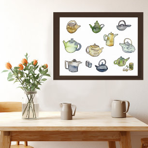 Waterverfteekannen met de hand geschilderde kunst  poster