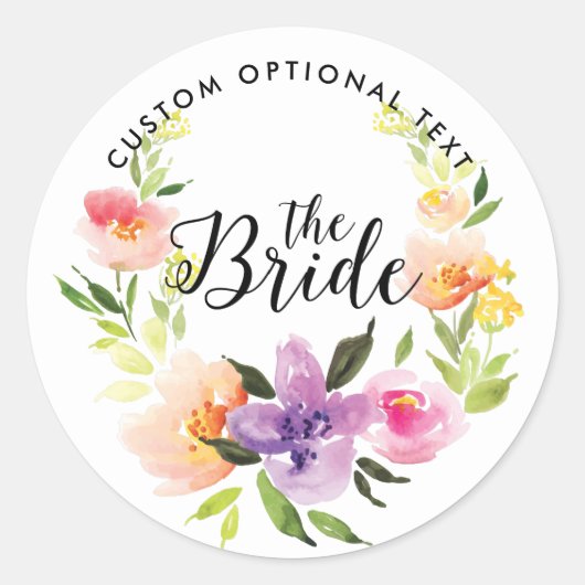 Waterverven bloemen, de bride Typografie Ronde Sticker (Voorkant)