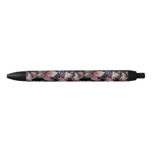 Waterverven Crimson Bloemen op zwart Zwarte Inkt Pen
