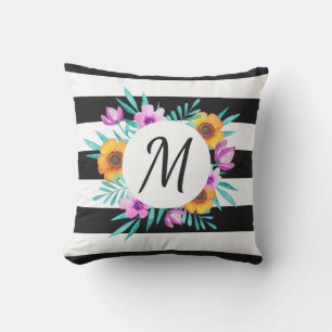 Waterverven van kool Floral Black Striped Monogram Buitenkussen