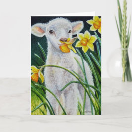 Wattebaby Lam en Lente Narcissen Aquarel Kunst Kaart