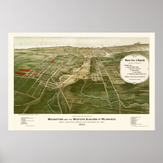 Wauwatosa, WI Panoramic Map - 1892 Poster (Voorkant)