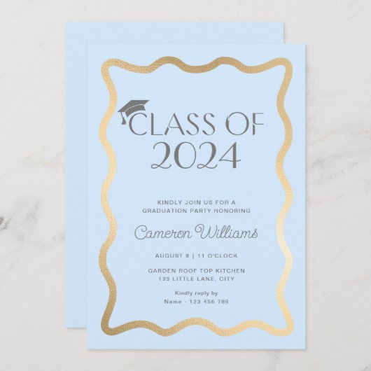 Wave Licht Blauw Goud Afstudeerfeest Kaart (Voorkant / Achterkant)