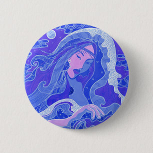 Wave, Mermaid, Fantasy Art Asian Girl, Blue & Pink Ronde Button 5,7 Cm