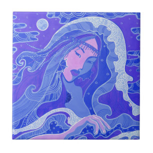 Wave, Mermaid Fantasy Surreal Asian Girl Blue Pink Tegeltje