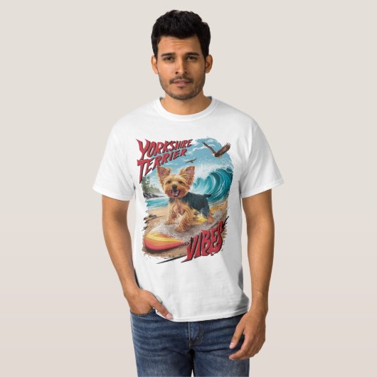 Wave Rider Yorkshire Terrier Surfen Pup T-shirt (Voorkant volledig)