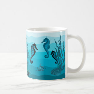 Waves, Aqua, Ocean Blue print, Zee paard schelpen Koffiemok