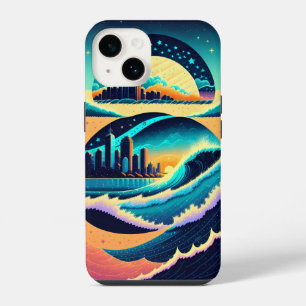 Waves crashen stadslichten sterren nachtelijke bos iPhone 14 hoesje