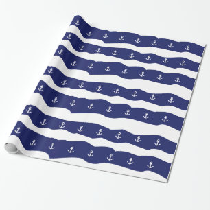 Waves en Anchors Nautical Giftwrap Navy Blue Cadeaupapier