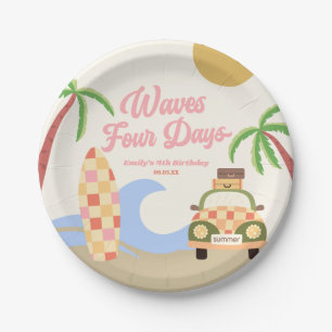 Waves Four Days Surf Board Roze 4e verjaardagsfees Papieren Bordje