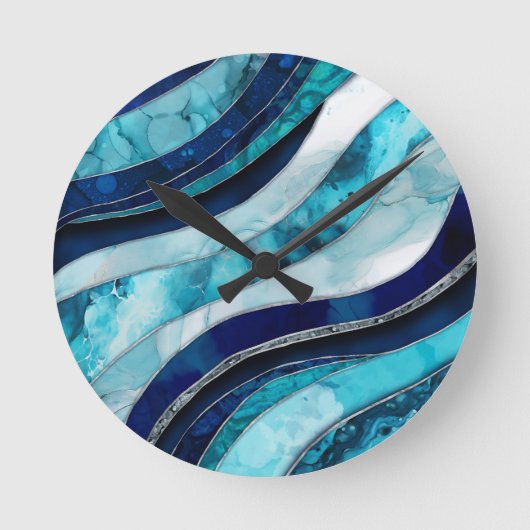 Waves - Mixed Media Blauw Abstract Ronde Klok (Voorkant)