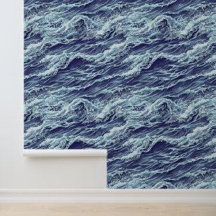 Waves seamless pattern ocean blue illustration behang