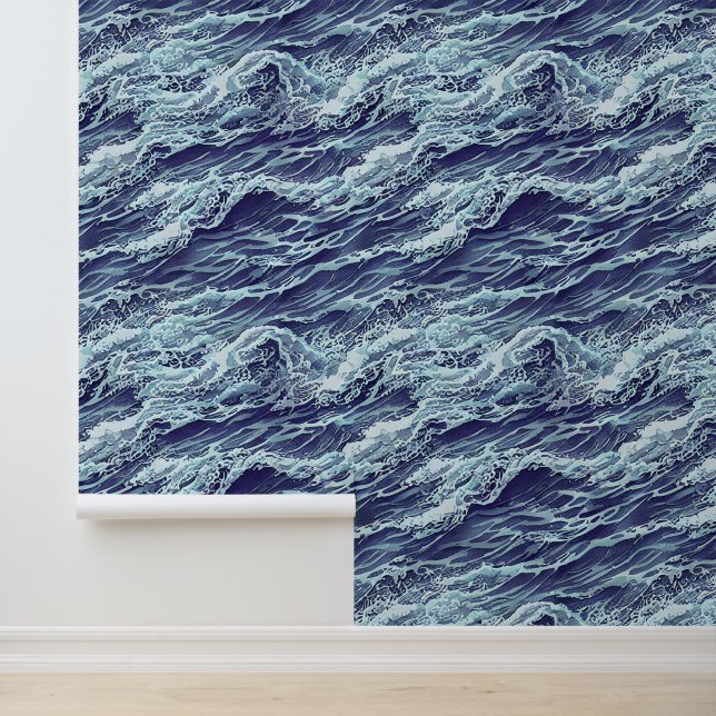 Waves seamless pattern ocean blue illustration behang (Applicatie)