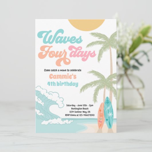 Waves Vier Dagen Retro Surf Strand 4e Verjaardag Kaart (Staand voorkant)