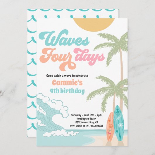 Waves Vier Dagen Retro Surf Strand 4e Verjaardag Kaart (Voorkant / Achterkant)