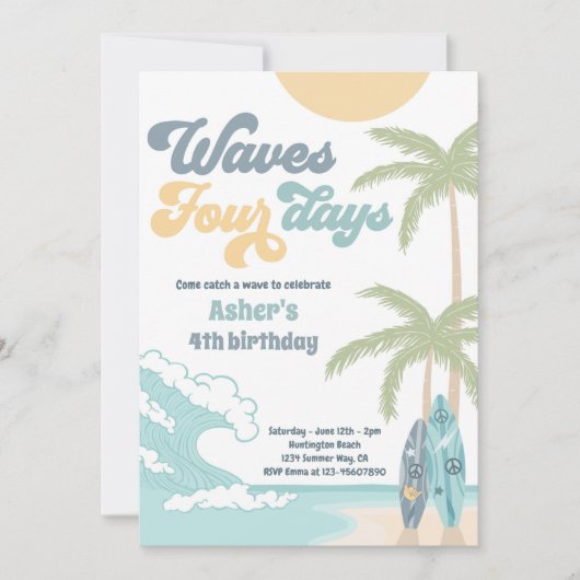 Waves Vier Dagen Retro Surf Strand 4e Verjaardag Kaart (Voorkant)
