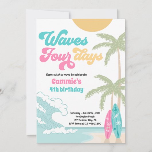 Waves Vier Dagen Retro Surf Strand 4e Verjaardag Kaart (Voorkant)