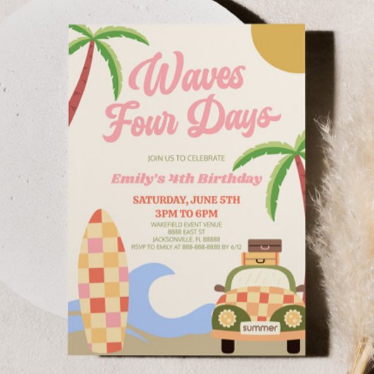 Waves Vier Dagen Strand Surf 4e Verjaardagsfeest Kaart