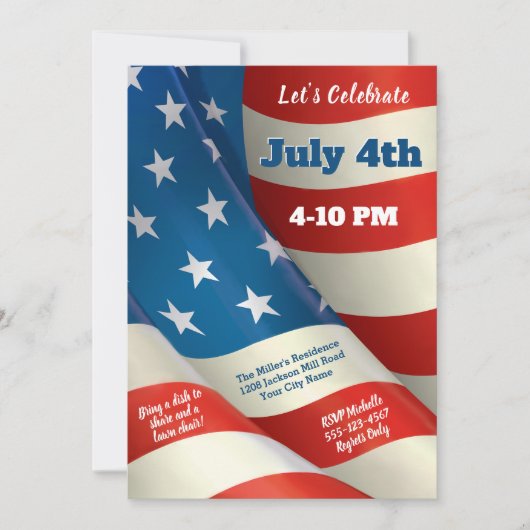 Waving U.S. Flag Juli 4th Party Kaart (Voorkant)