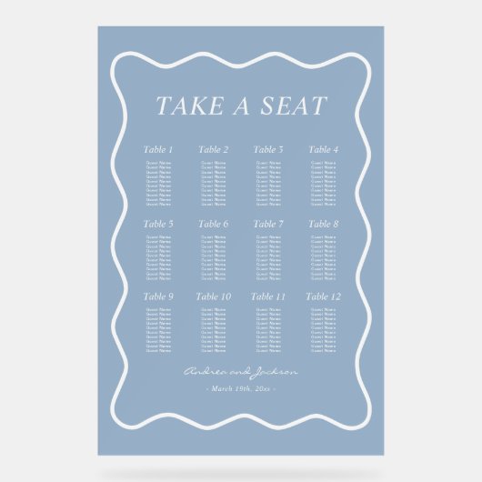 Wavy Dusty Blue Acryl Trouwstoel Grafiek Acryl Bord (Voorkant)