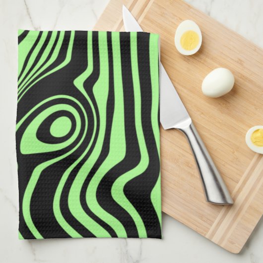 Wavy gestreepte zwarte en groene keukenhanddoek (Quarter Fold)