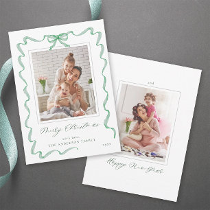Wavy Green Ribbon Bow Lijst 2 foto Kerst Feestdagenkaart