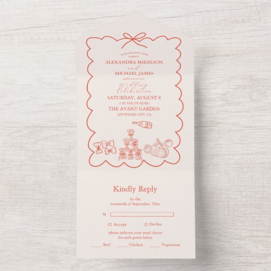 Wavy grillige Italiaanse Doodle bruiloft All In One Uitnodiging (Binnen)