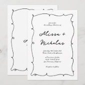Wavy Hand Getrokken Rand & Script Monogram Huwelij Kaart (Voorkant / Achterkant)