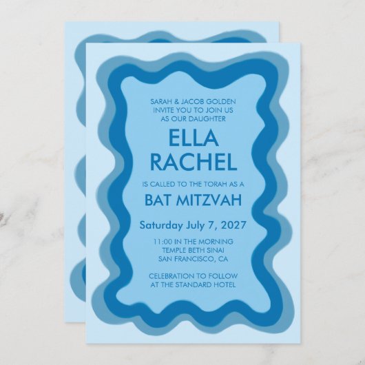 Wavy Lijst Modern Custom QR CODE Bar Bat Mitzvah Kaart (Voorkant / Achterkant)