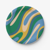Wavy Loops Retro Abstract Patroon Blauw Groen Papieren Bordje (Voorkant)