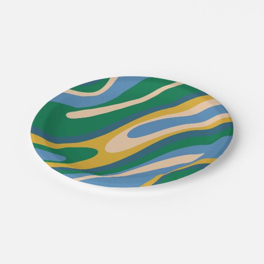 Wavy Loops Retro Abstract Patroon Blauw Groen Papieren Bordje (Gekanteld)
