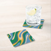 Wavy Loops Retro Abstract Patroon Blauw Groen Vierkante Kartonnen Onderzetter (Insitu)