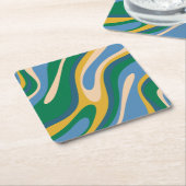 Wavy Loops Retro Abstract Patroon Blauw Groen Vierkante Kartonnen Onderzetter (Schuin)