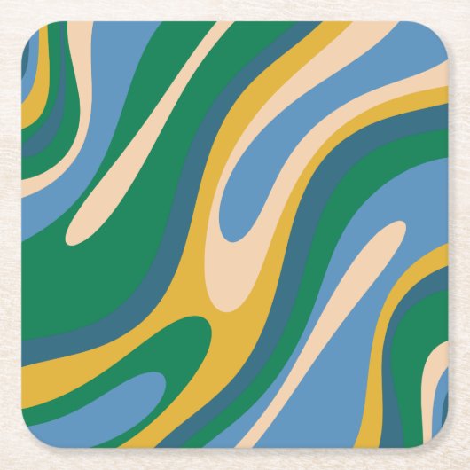 Wavy Loops Retro Abstract Patroon Blauw Groen Vierkante Kartonnen Onderzetter (Voorkant)