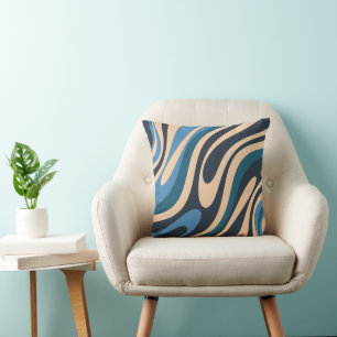 Wavy Loops Retro Abstract Pattern Blue en Beige Kussen