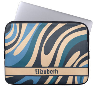 Wavy Loops Retro Abstract Pattern Blue en Beige Laptop Sleeve