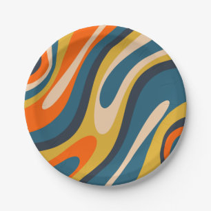 Wavy Loops Retro Abstract Pattern Blue Oranje Papieren Bordje