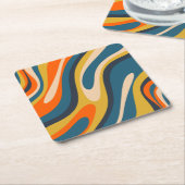 Wavy Loops Retro Abstract Pattern Blue Oranje Vierkante Kartonnen Onderzetter (Schuin)