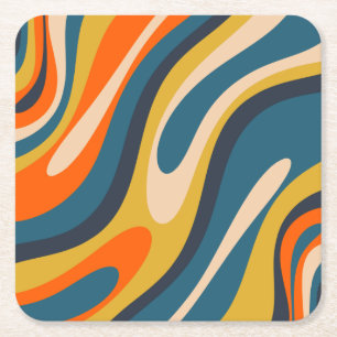 Wavy Loops Retro Abstract Pattern Blue Oranje Vierkante Kartonnen Onderzetter