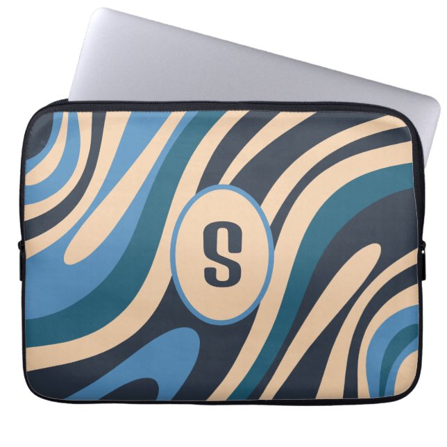 Wavy Loops Retro Abstract Pattern Initiaal Blue Laptop Sleeve (Voorkant)