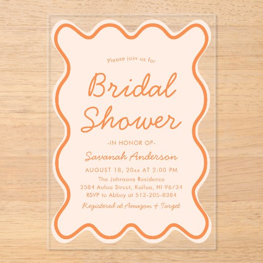 Wavy Modern Curvy Bold Peach Fuzz Vrijgezellenfees Acryl Uitnodigingen (Voorkant)