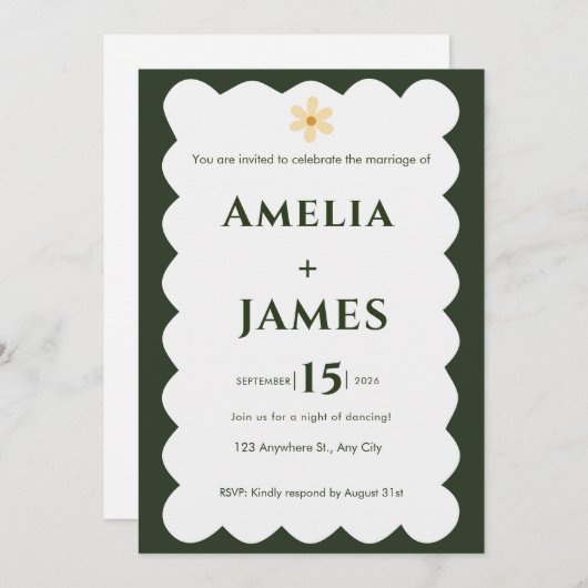 Wavy Modern Green huwelijksuitnodiging Kaart (Voorkant / Achterkant)