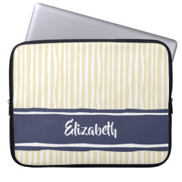 Wavy Painterly Stripes Navy and Cream With Name Laptop Sleeve